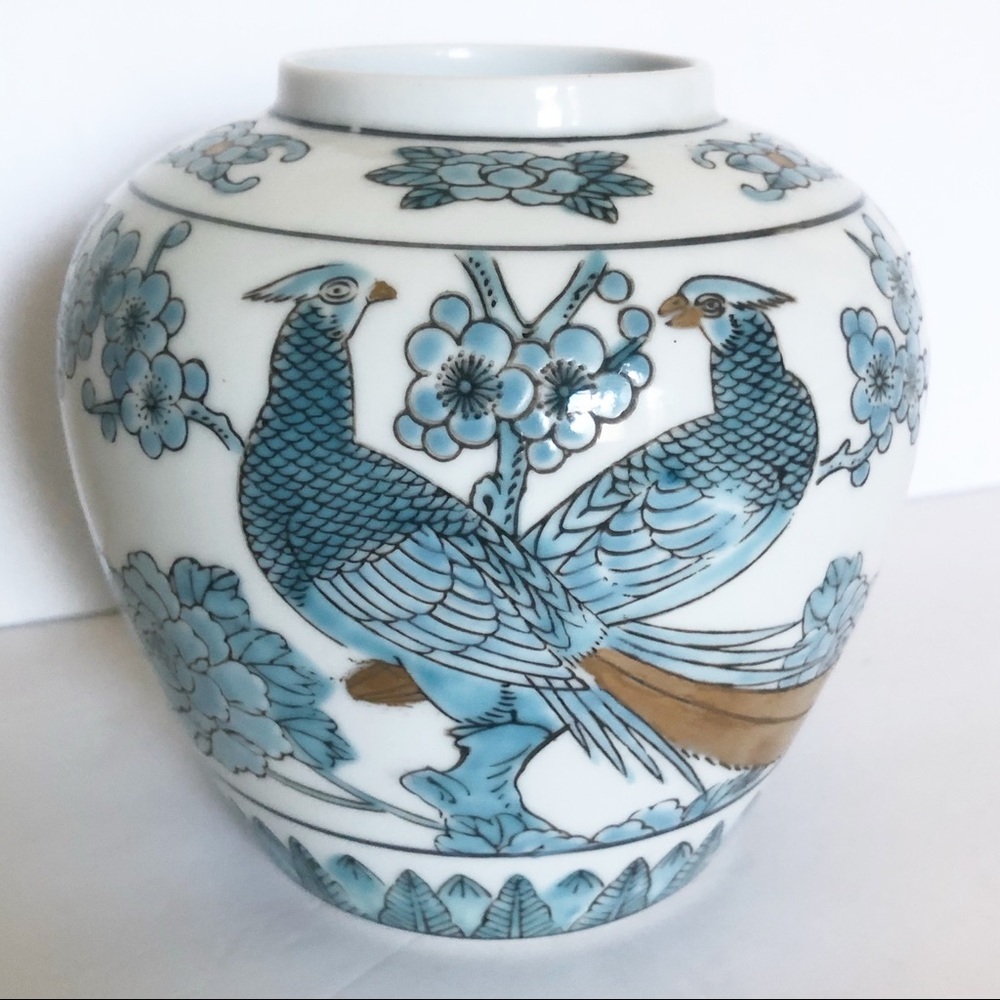 Vintage Gold Imari Blue Pheasant Ginger Jar